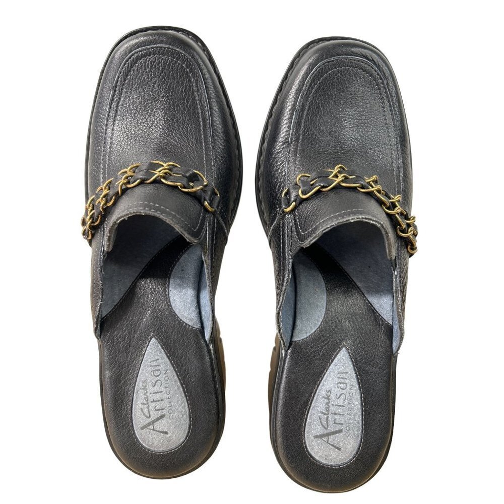 Clarks Artisan Women's Clogs Mules Size 7M Black Wedge Leather with Chain accent - Picture 7 of 10